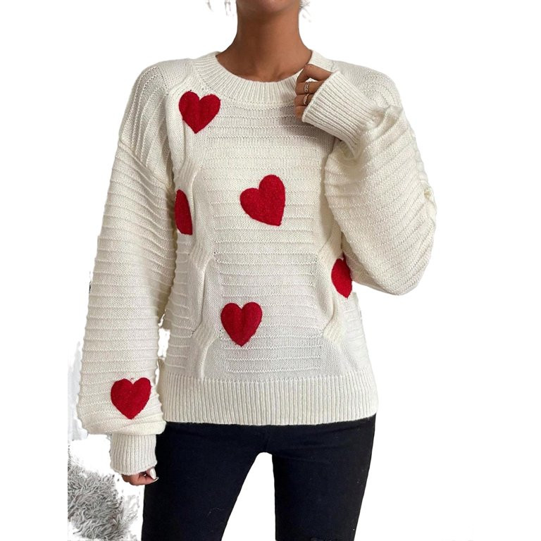 Women's Casual Heart Round Neck Pullovers Long Sleeve Multicolor Women Sweaters | Walmart (US)