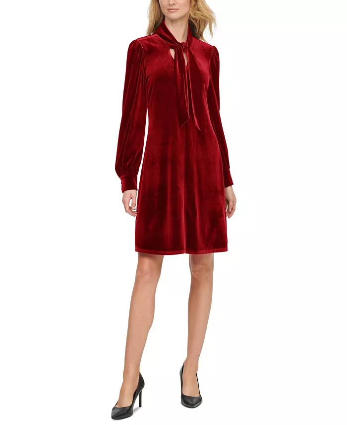 Calvin Klein Velvet Tie-Trimmed V-Neck Dress & Reviews - Dresses - Women - Macy's | Macys (US)