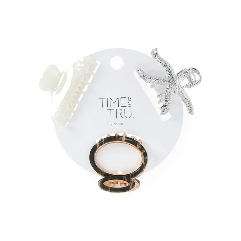 Time and Tru Women's Metal and Acrylic Claw Clip Set, 3-Piece | Walmart (US)