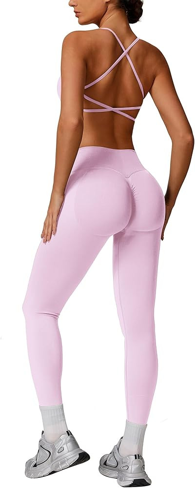 ABOCIW Womens Seamless Workout Sets Backless Sports Bra Scrunch Butt Lifting High Waist Leggings ... | Amazon (US)