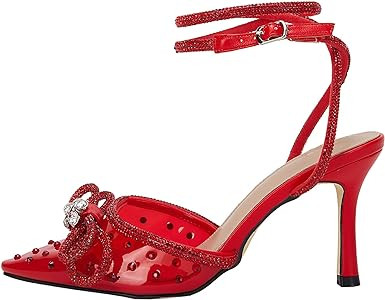 VETASTE Women's Double Bow Pointed Toe Ankle Strap Crystal Pumps Wedding Bridal Party Stilettos B... | Amazon (US)