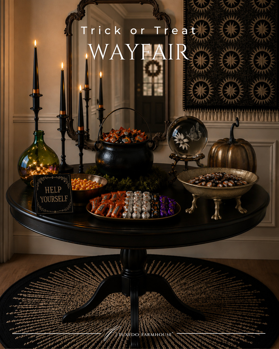 A little spooky, a little sophisticated. 🖤🎃 This trick-or-treat setup makes handing out candy feel extra special with moody black accents, warm candlelight, vintage-inspired details, and plenty of treats for the neighborhood ghosts and goblins. Sharing all the Wayfair finds to recreate the look!

#LTKHome #LTKSeasonal #LTKStyleTip #HalloweenDecor #WayfairFinds #TrickOrTreat #HalloweenHome #FallDecor 

 #LTKSeasonal #LTKHome #LTKSaleAlert