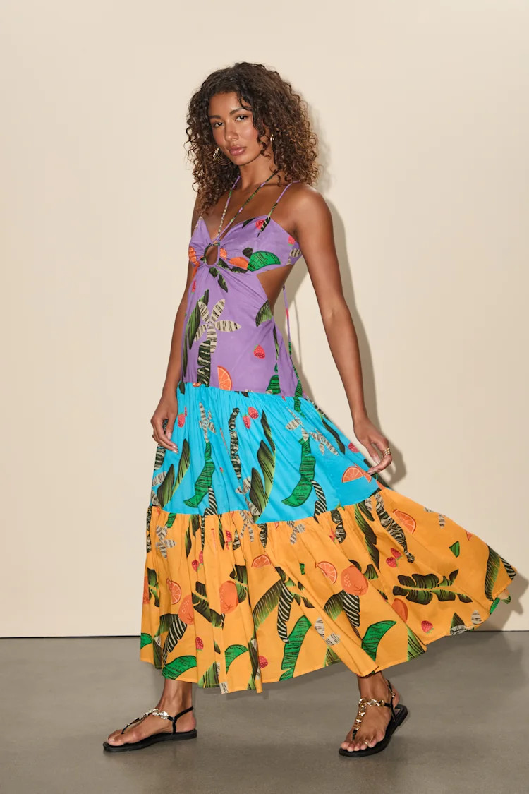 Helia Purple Multi Tropical Print Cutout Maxi Dress | Lulus