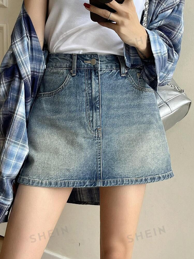 DAZY Ladies' Vintage Distressed Denim Mini Skirt | SHEIN USA | SHEIN
