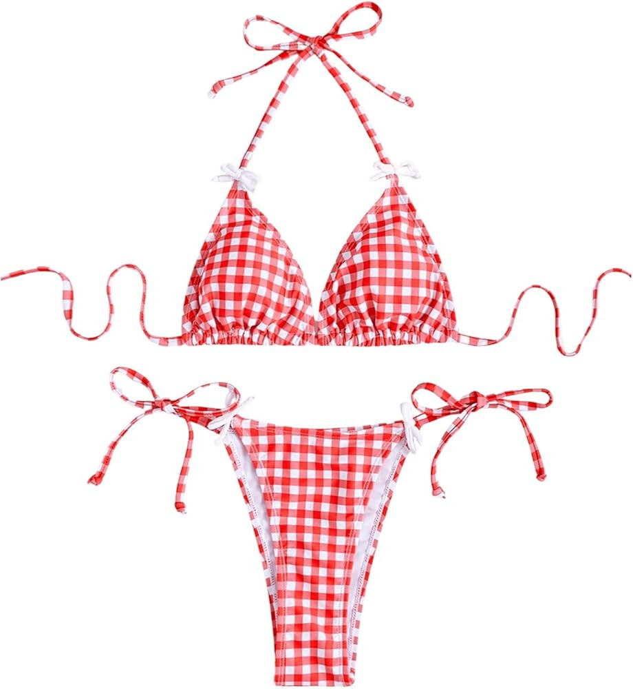 Women's 2 Piece Plaid Print Bow Front Bikini Set Halter Tie Bikini High Cut Triangle Bathing Suit... | Amazon (US)