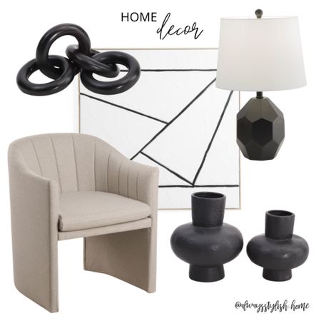 Home decor, cream accent chair, modern wall art, black white decor, black lamp, black vases, black chain link, modern decor

#LTKhome