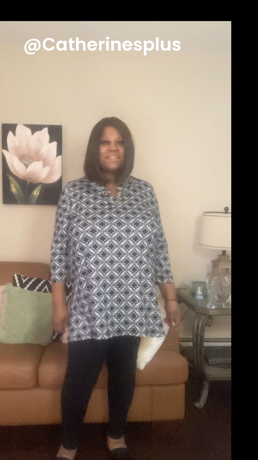 Chain Lace-Up Tunic with black leggings. The color of this tunic is- Black White Diamond Geo #gifted @Catherinesplus 

 #ad #ltkplussize #ltk #Catherines 

#LTKPlusSize #LTKOver40 #LTKootd