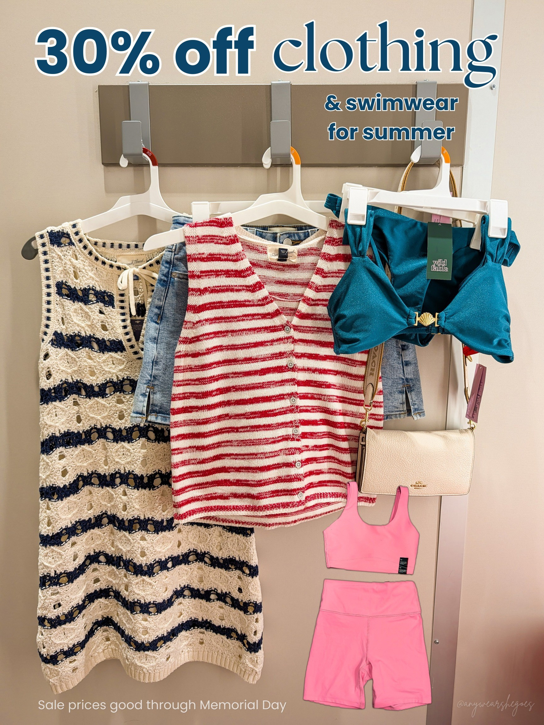 Clothing, swimwear and activewear are 30% off through Memorial Day! Includes: Navy blue striped knit dress, light wash denim shorts, red striped knit top, pink biker shorts, white soft tank top, teal blue shell bikini.

#LTKSaleAlert #LTKSwim #LTKootd