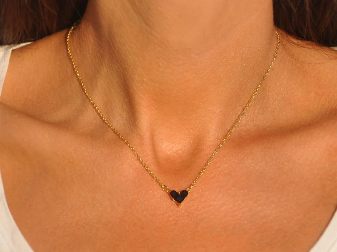 Black Heart Necklace Delicate Black Heart Jewelry, Small CZ Heart Necklace, Dainty Necklace, Vale... | Etsy (US)