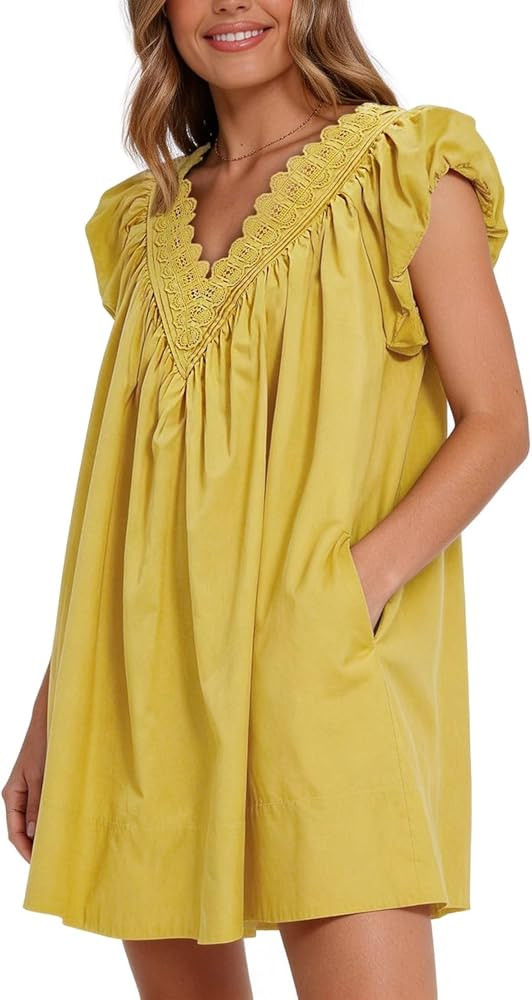Senllen Cotton Summer Dresses for Women 2026 A Line Puff Short Sleeve V Neck Casual Babydoll Boho... | Amazon (US)