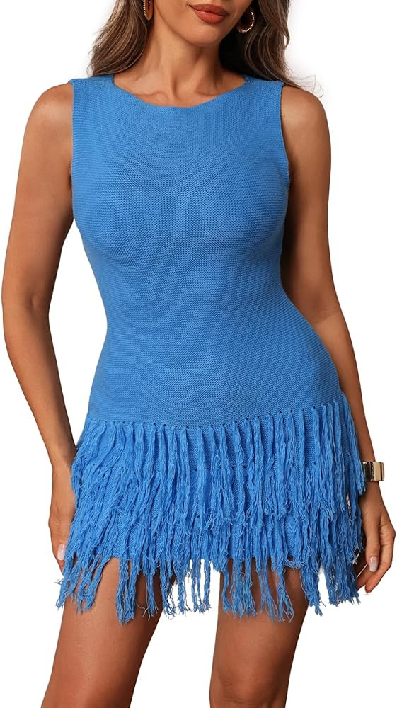 Women's Fringe Sleeveless Mini Dress Crew Neck Bodycon Knit Party Club Dresses | Amazon (US)