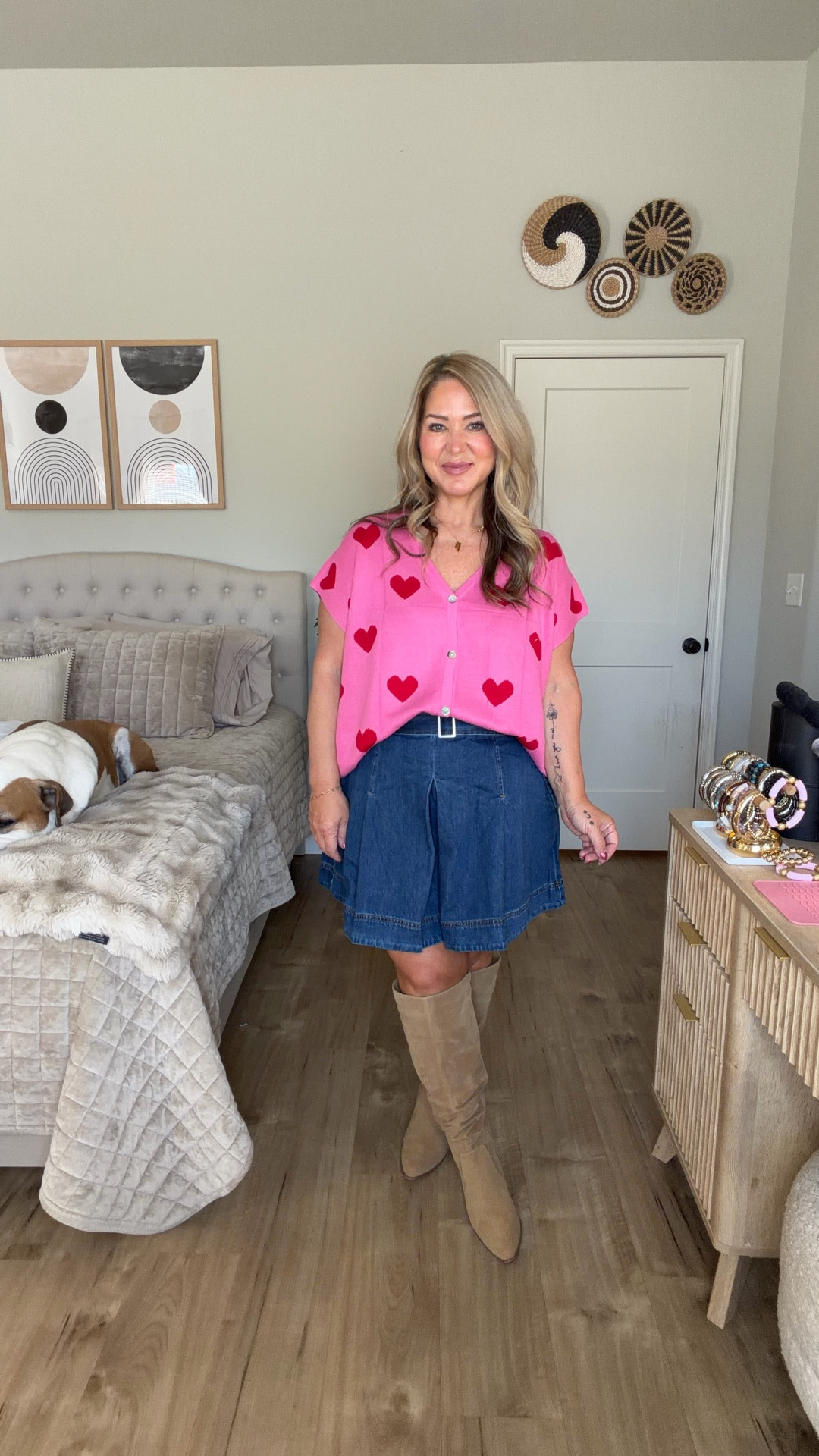 Sweaters size medium except the beige one with the black heart is a large. 
Black pants large 
Red skort large 
White skort large 
Pink skirt xl
Black satin shorts medium 
Boots tts 
Denim skirt wearing a 12 but would prefer a 10 
Jeans size 31 
Robe size large 

#LTKMidsize #LTKOver40 #LTKPetite