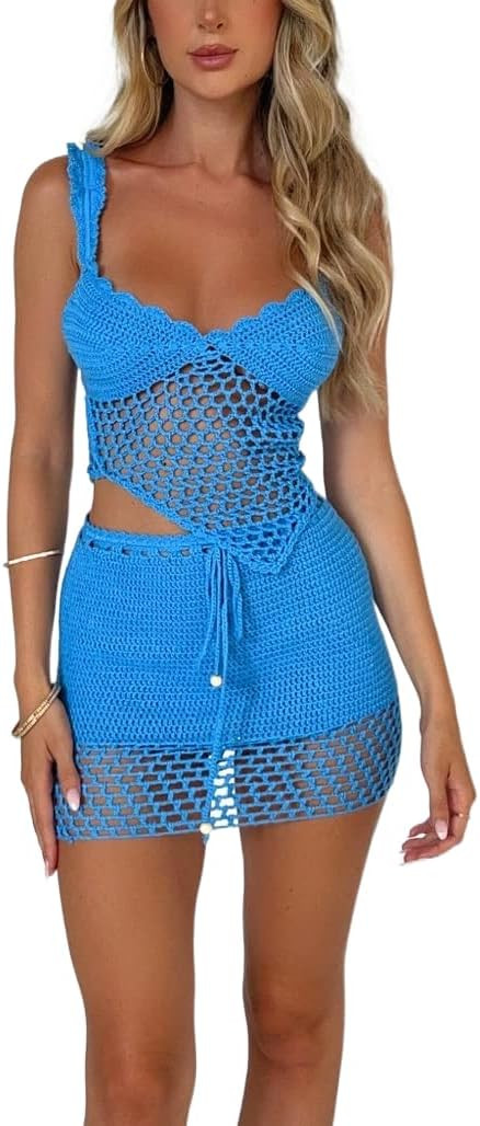 Women's Crochet Knit 2 Piece Skirt Sets Hollow Out Knitted Crop Top Bodycon Mini Skirt Set Beach ... | Amazon (US)
