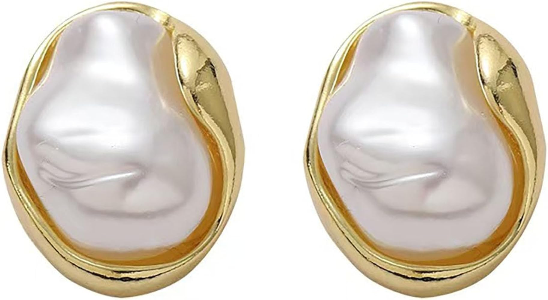 Baroque Pearl Stud Earrings For Women 14k Gold Plated Irregular Pearl Earrings Chunky Big Pearl E... | Amazon (US)