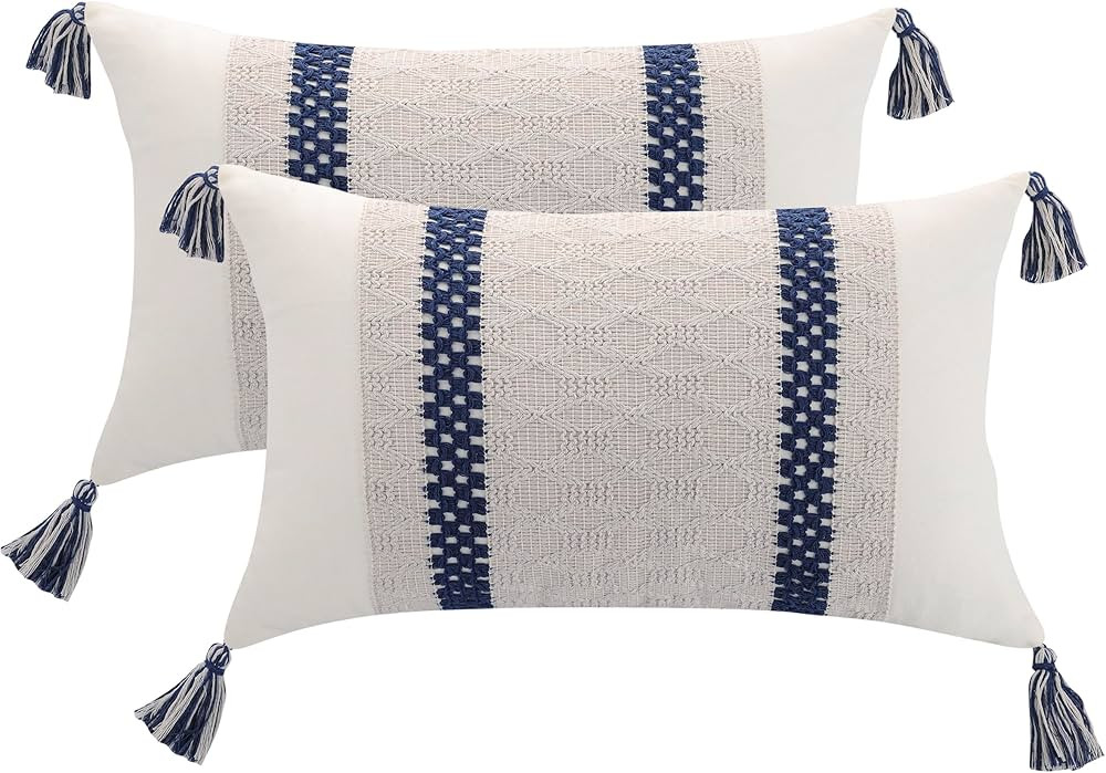 Tosleo Set of 2 Navy Blue Throw Pillow Covers 12x20 Inch with Tassels Boho Lumbar Decorative for ... | Amazon (US)