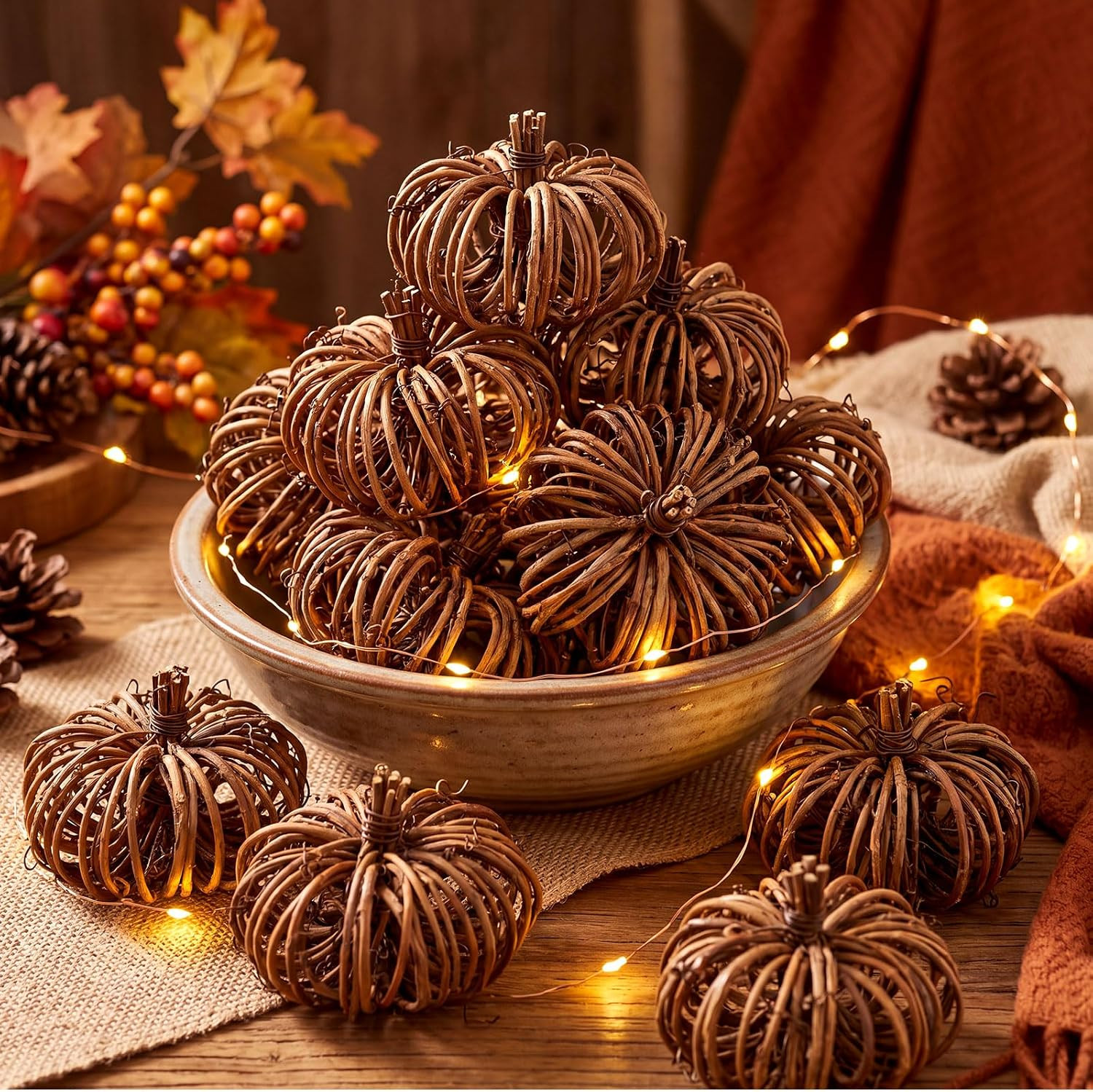 Kajaia 12 Pcs 2 Inch Mini Fall Wicker Rattan Pumpkin Fall Artificial Grapevine Pumpkins Ornament Decorative Braided Pumpkins Woven Decor Bowl Autumn Table Centerpieces for Harvest Party Decoration | Amazon (US)