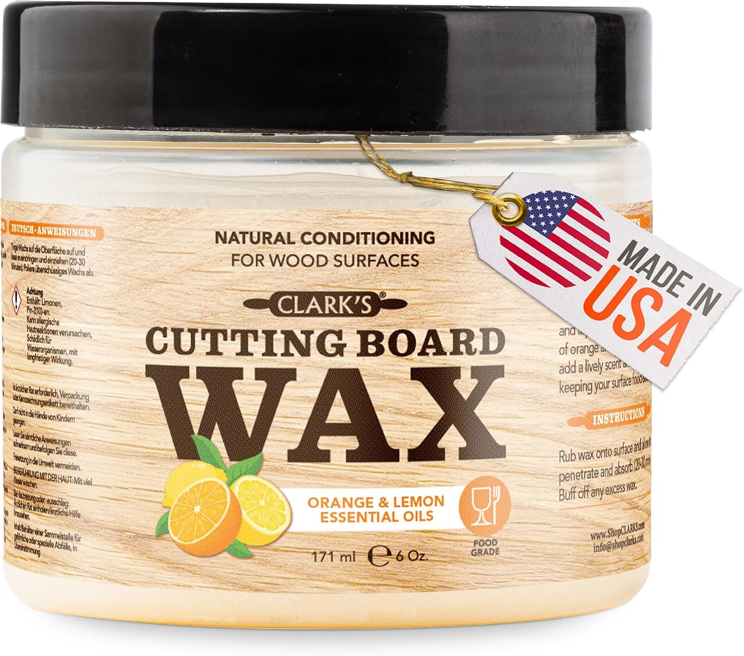 CLARK'S Cutting Board Wax - 2-in-1 Wood Butter & Food Grade Mineral Oil with Beeswax – Butcher Block Conditioner for Cutting Boards – Orange & Lemon Essential Oil Scent – Made in USA, 6oz | Amazon (US)