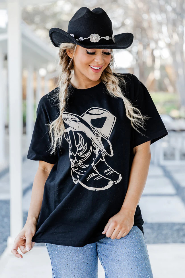 Cowboy Boots Oversized Black Graphic Tee | Pink Lily