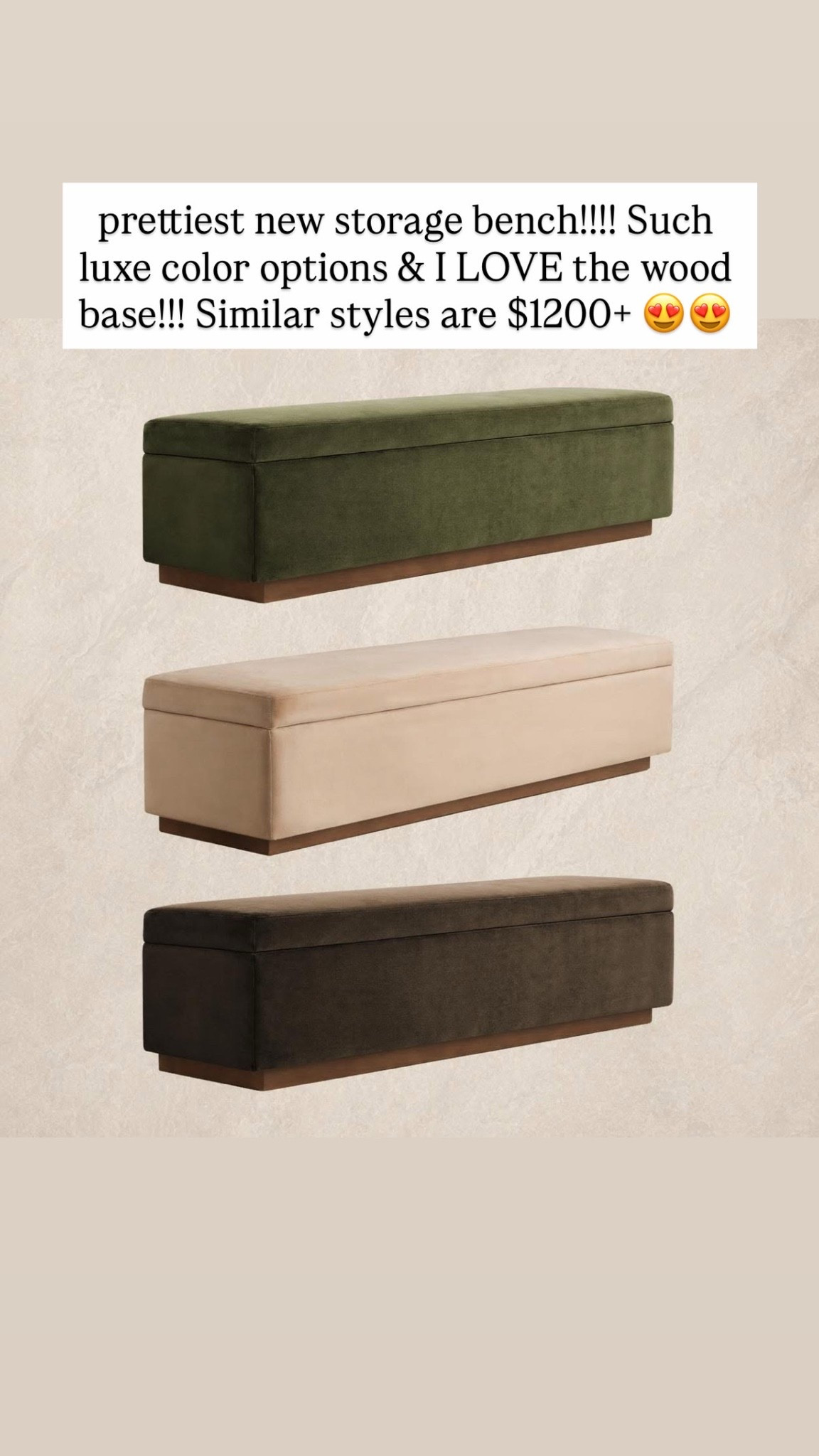 prettiest new storage bench!!!! Such luxe color options & I LOVE the wood base!!! Similar styles are $1200+ 😍😍