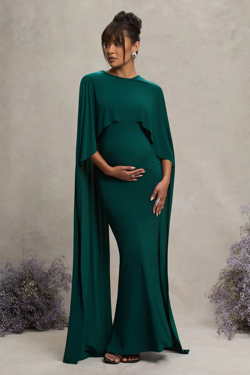 Padma  Bottle Green Draped Maternity Maxi Dress With Cape Sleeves | Club L London