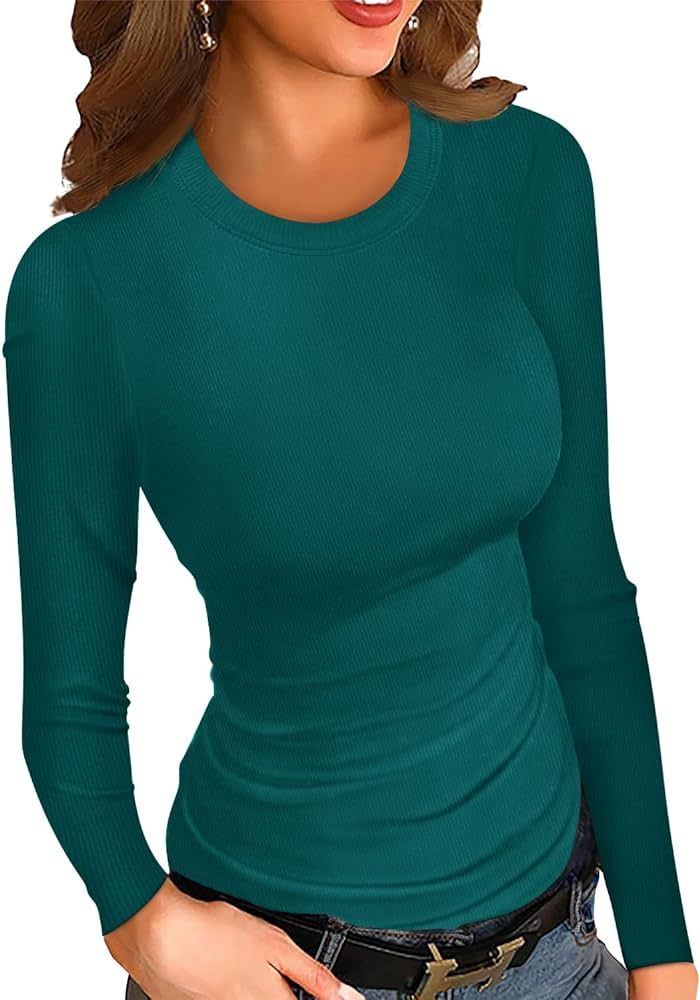 HWOKEFEIYU Womens Fall Long Sleeve Stretch Slim Round Neck Ribbed Basic Shirts | Amazon (US)