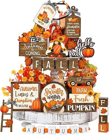 Maitys 21 Pcs Thanksgiving Tiered Tray Decor Set Fall Pumpkin Gnome Truck Scarecrow Wood Sign Rus... | Amazon (US)