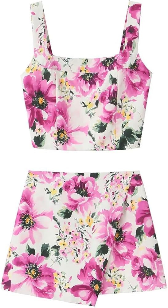THLAI Women Two Piece Skirt Sets Floral Crop Top and Mini Skirt Sets Summer 2025 Vacation Outfits... | Amazon (US)