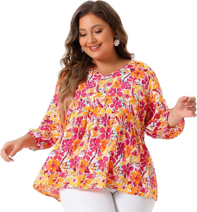 Agnes Orinda Women's Plus Size Tops V Neck Babydoll Flowy 3/4 Lantern Sleeve Floral Spring Summer... | Amazon (US)