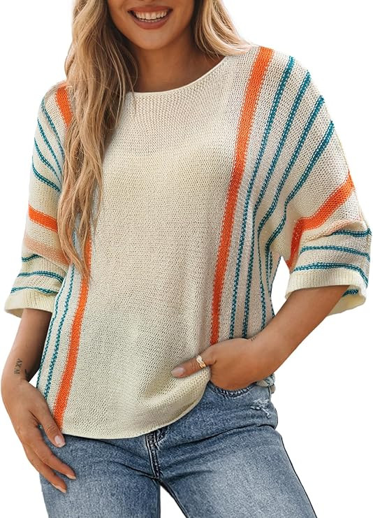 Dokotoo Womens 2026 Spring Summer Casual Crewneck 3/4 Sleeve Striped Lightweight Knit Trendy Boho... | Amazon (US)