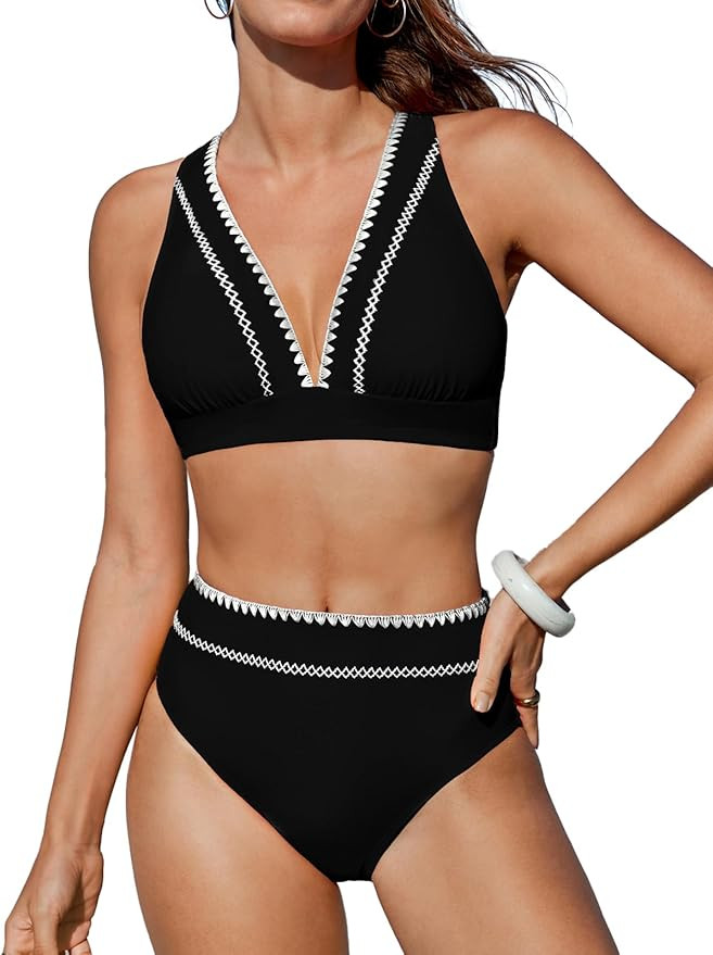 CUPSHE Women's Bikini Sets Two Piece Swimsuit High Waisted V Neck Crisscross Back Self Tie Color ... | Amazon (US)