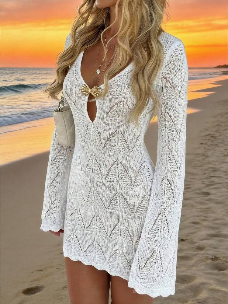 Women's Casual New Solid Color Fitted Waist Basic Sexy Knit Crochet Sweater Top, Suitable For Vacation And Beach Wear, Sexy Date Style. | SHEIN