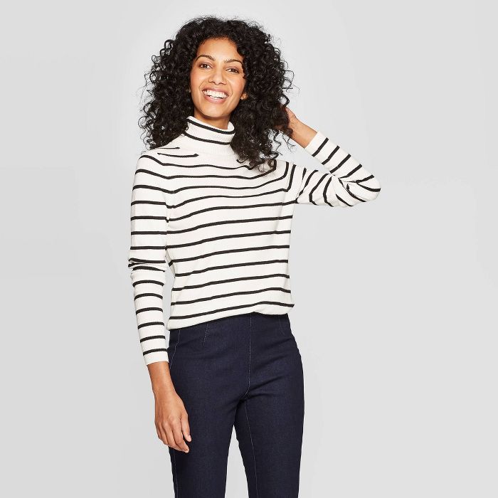 Women's Striped Long Sleeve Rib Turtleneck Sweater - A New Day™ Cream | Target