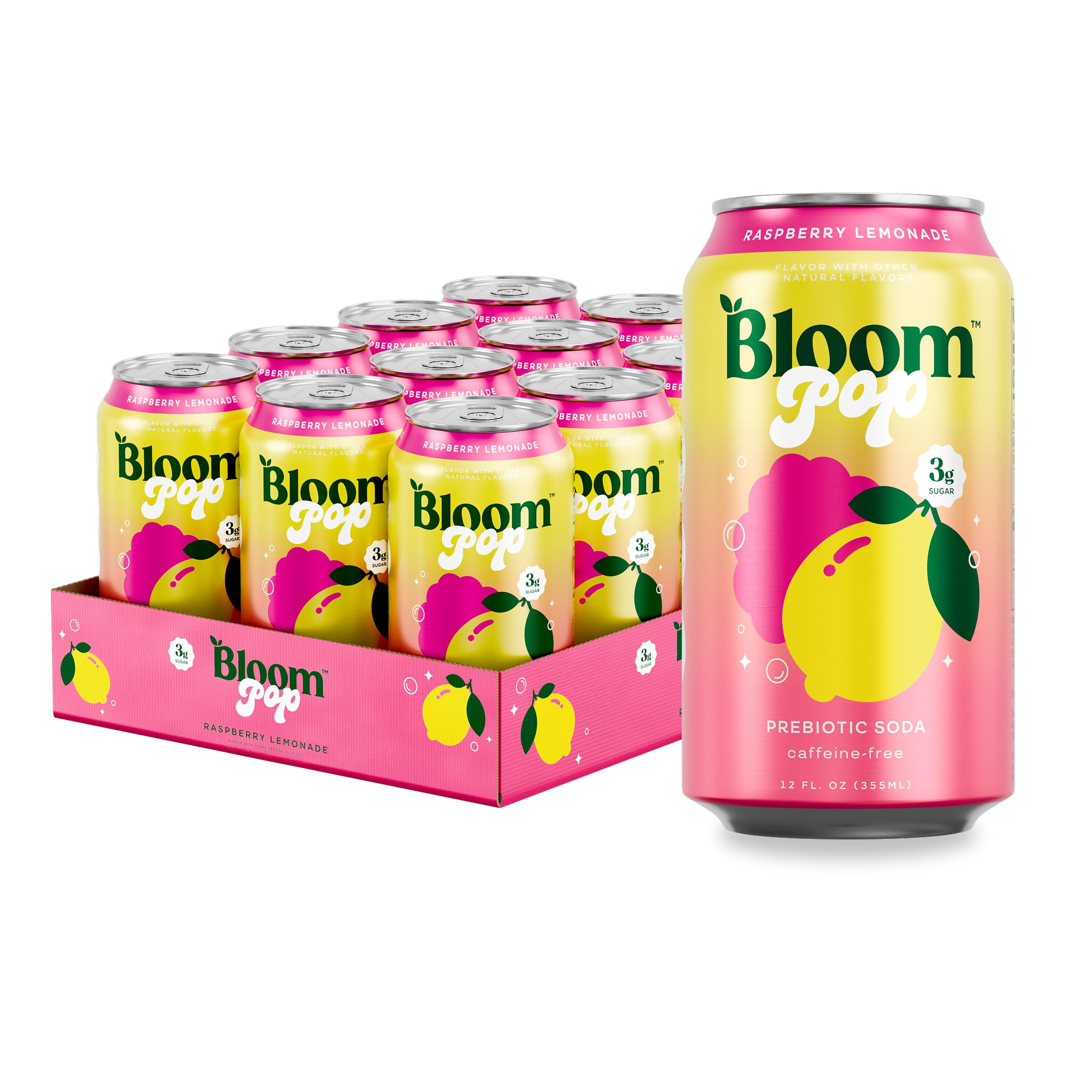 Bloom Pop Prebiotic Soda 12 Pack, Raspberry Lemonade Flavor, 12oz Cans | Prebiotic Soda for Gut H... | Amazon (US)