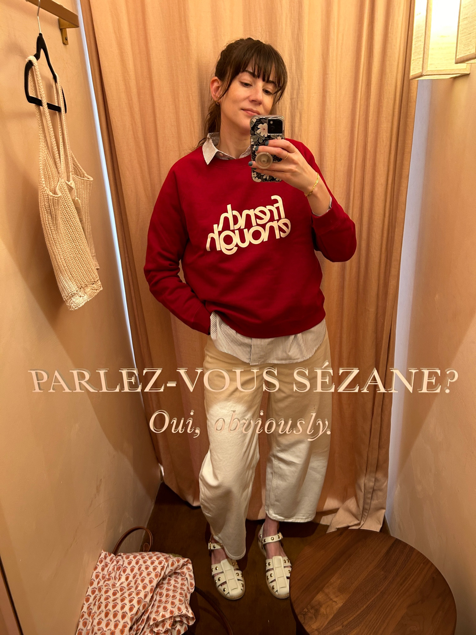 Stopped by the sezane pop-up and picked up this cute sweatshirt, oversized striped shirt, knit tank, and fun socks! #sezane 