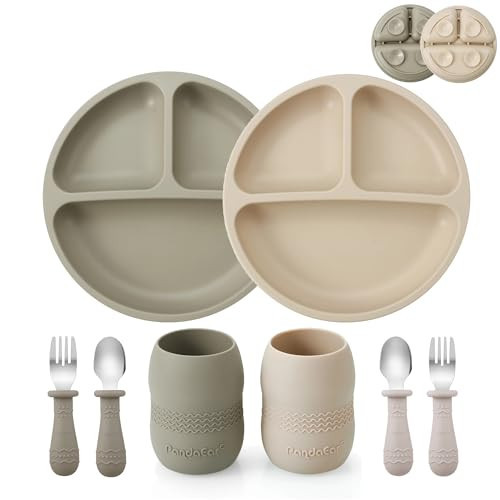 PandaEar Silicone Baby Feeding Set| 2 Pack Silicone Divided Suction Plate and 2 Pack Tiny Cup with 2 Spoons 2 Forks| Baby Led Weaning Supplies Self Feeding Eating Utensils (Silverware Set) | Amazon (US)