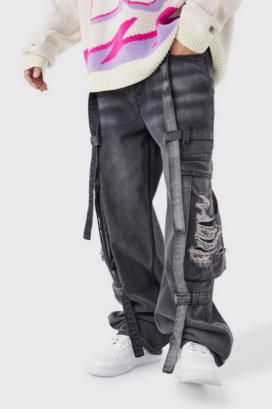 Baggy Rigid Strap Detail Distressed Cargo Jeans | boohooMAN (US & Canada)
