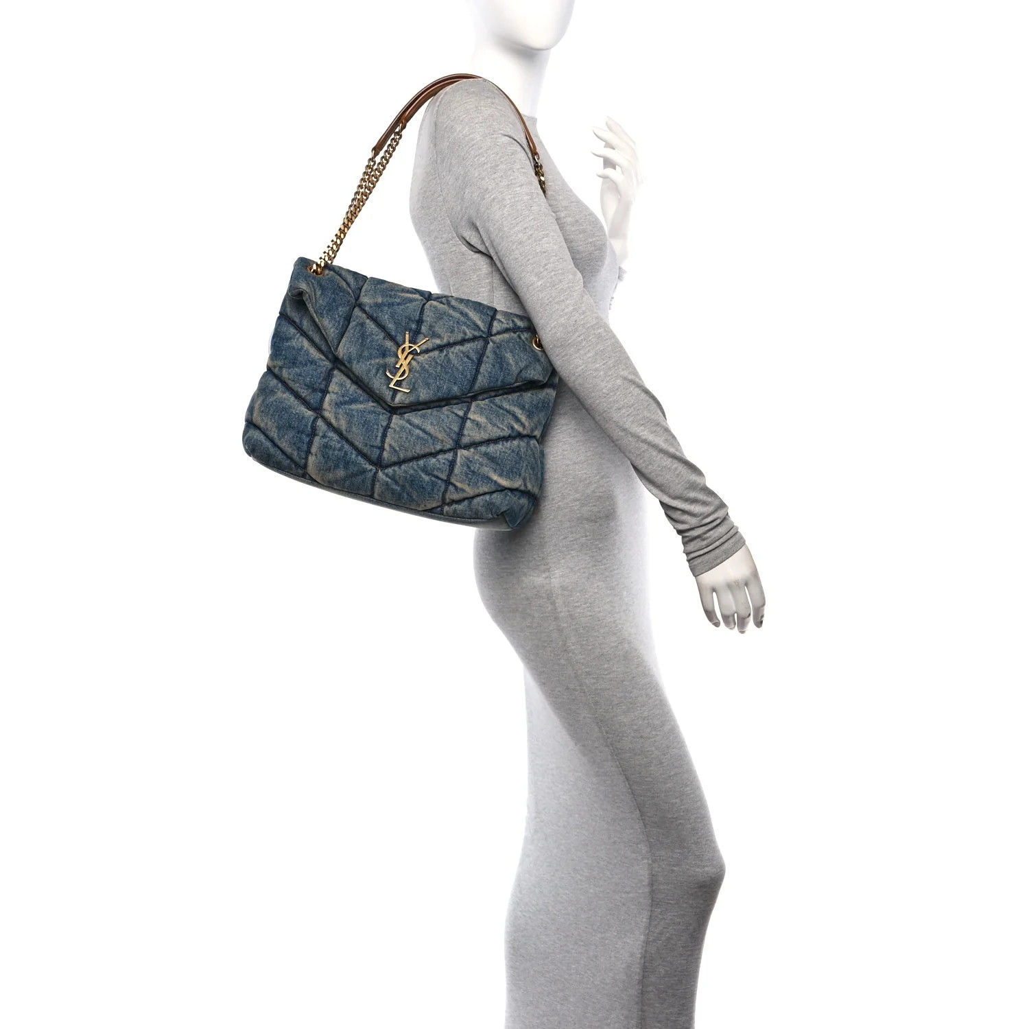 Denim Quilted Medium Loulou Puffer Monogram Chain Satchel Blue Cinnamon | FASHIONPHILE (US)