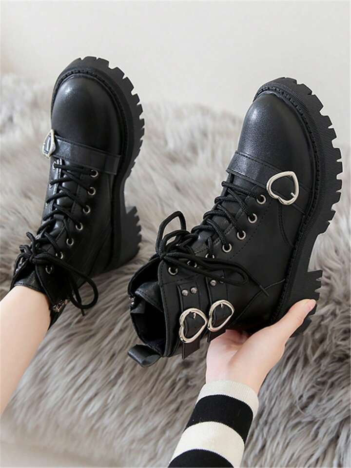 Women's Buckle Decorated Motorcycle Boots, Punk Style, Versatile For Outdoor Activities | SHEIN