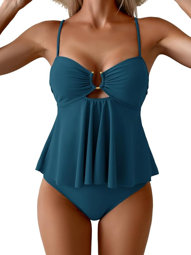 Women's Tankini Bathing Suit Two Piece Tummy Control Swimsuit Ring Linked Flowy Swim Dress with H... | Amazon (US)