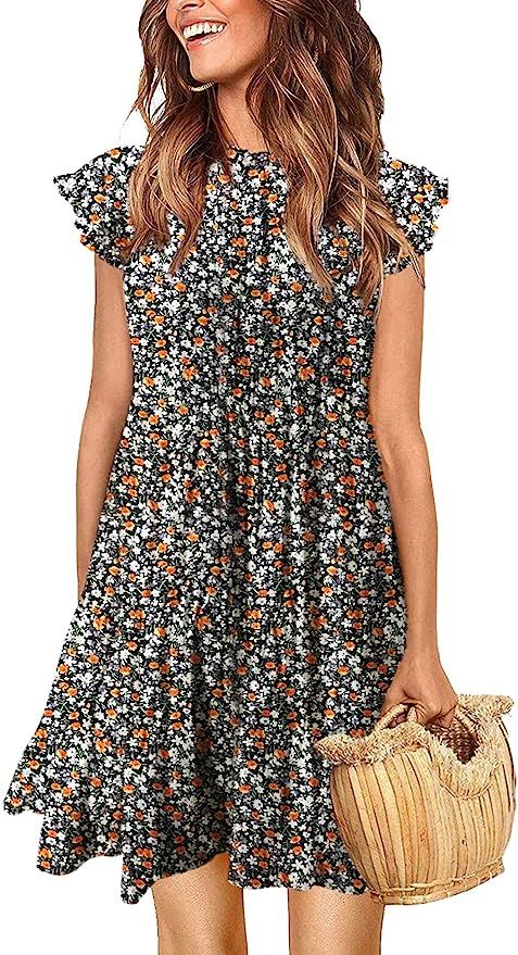 KIRUNDO 2021 Women’s Summer Mini Dress Sleeveless Ruffle Sleeve Round Neck Solid Color Loose Fi... | Amazon (US)