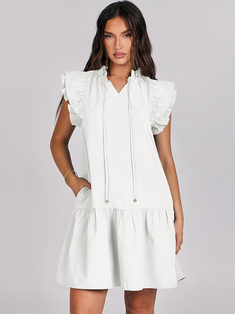 ANRABESS Womens Summer V-Neck Drawstring Ruffle Cap Short Sleeve Casual Shift Mini Dress with Poc... | Amazon (US)