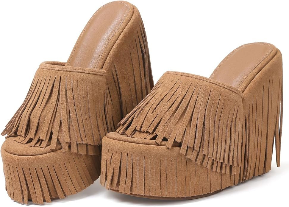 Fringe Platform Sandals Women Dressy Wedge Heels Summer Boho Shoes Slip on Open Toe Slides Tassel... | Amazon (US)
