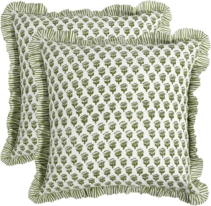 CPC Block Print Ruffle Throw Cover Emerald Green 18"x18" Inch Pack of 2-100% Cotton Ruffle Couch ... | Amazon (US)