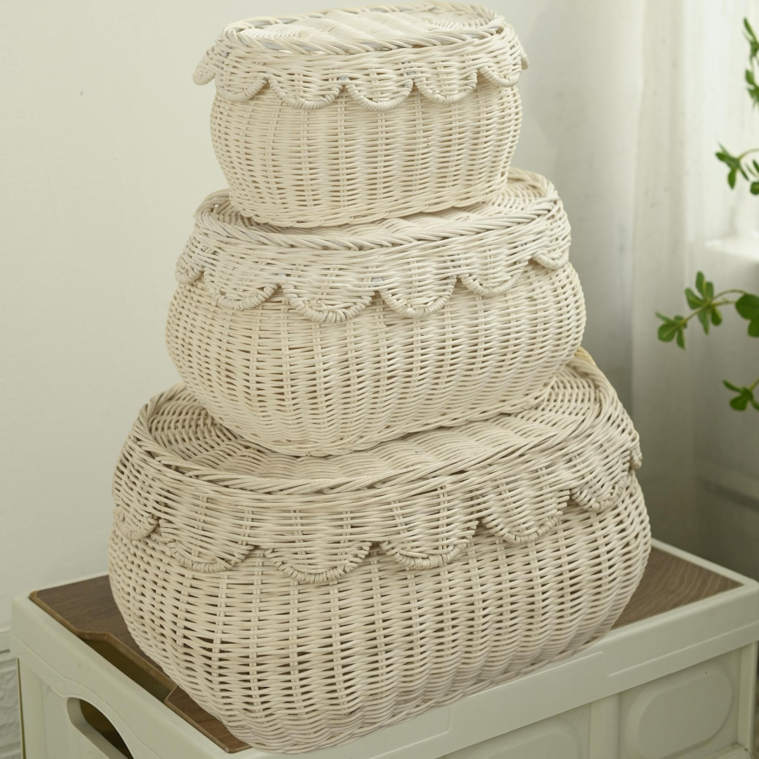 Scalloped Basket with Lid Set of 3,Storage Boxes for Shelves,Decorative Storage Boxes With Lids,R... | Amazon (US)