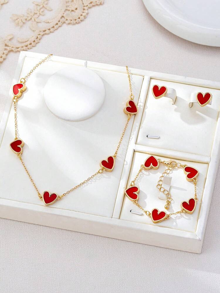 4pcs Fashionable Elegant Heart-Shaped Gold & Red Jewelry Set Including Necklace, Bracelet, Earrings, Suitable For Women's Daily Wear, Best Gift For Valentine's Day, Girlfriend, Mother (No Gift Box) | SHEIN