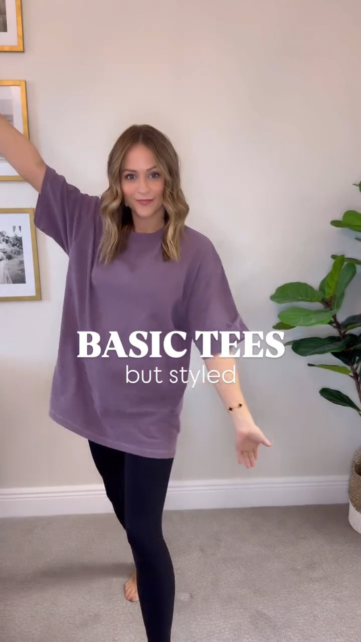 Basic tees but styled! 

Wearing size medium in purple 
Wearing size small in tan 
Wearing small in leggings 
Wearing small in shacket 
Wearing medium in denim 

#LTKStyleTip