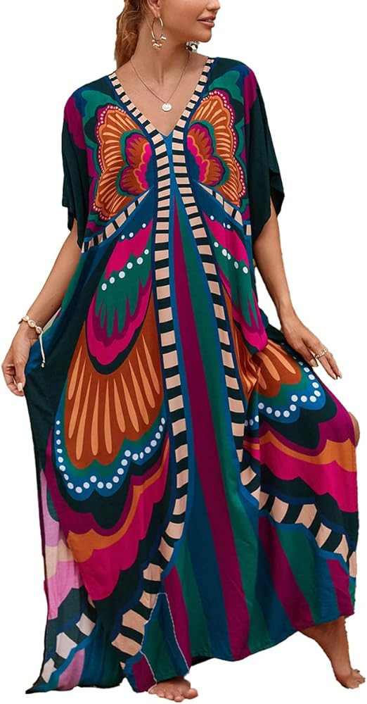 Kaftan Dresses for Women Plus Size Lightweight Swimsuit Cover up Batwing Sleeve Print Loungewear ... | Amazon (US)