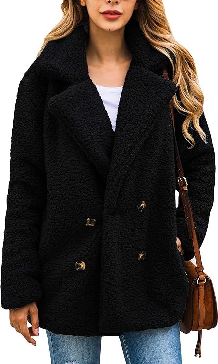 ECOWISH Womens Double Breasted Lapel Open Front Fleece Coat with Pockets Outwear Black L at Amazo... | Amazon (US)
