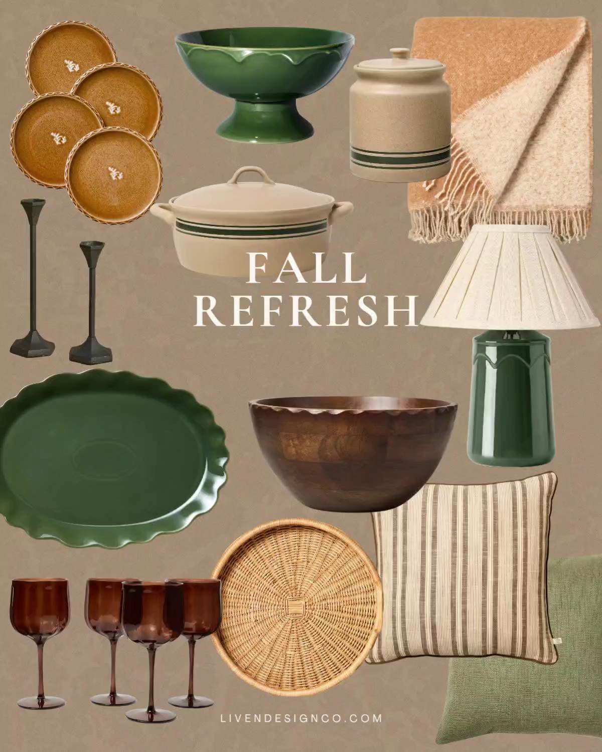 Hearth and Hand at Target. Home decor. Affordable decor. Kitchen decor.  Living room. Green lamp. Serveware. Crockpot. Dutch oven. Stoneware canister. Candle holders. Dinnerware. Scalloped platter. Throw pillows. Living room. Brown wine glasses 

#LTKSeasonal #LTKHome #LTKSaleAlert