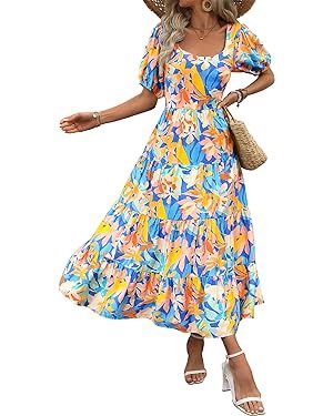BTFBM Women's Boho Summer Dresses Short Sleeve Floral Print Smocked Tie Back Tiered A-Line Flowy ... | Amazon (US)